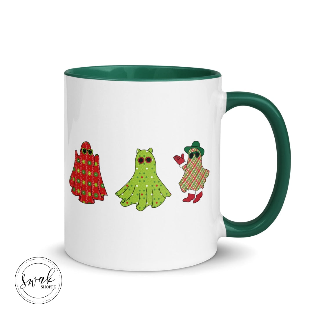 Holiday Festive Ghosts Mug Dark Green Mugs