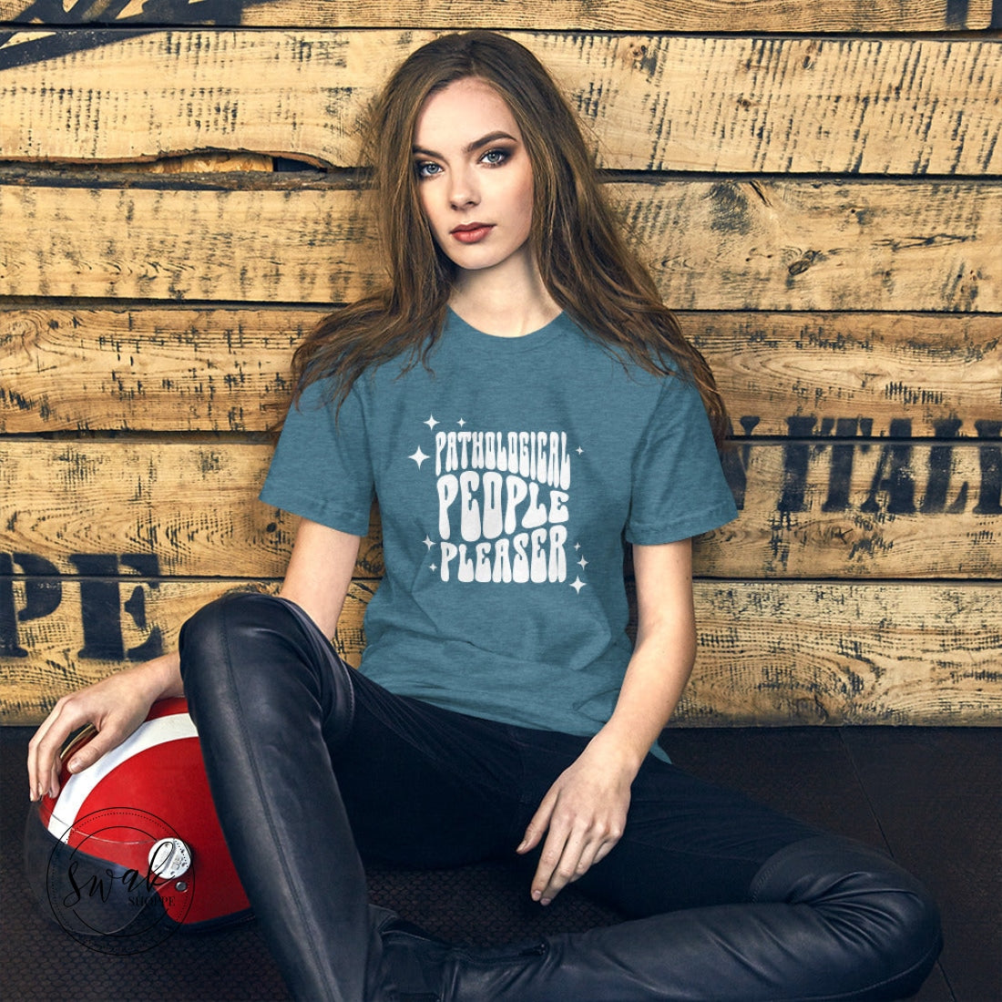 Pathological People Pleaser Retro White Wavy Logo Unisex T-Shirt Heather Deep Teal / S