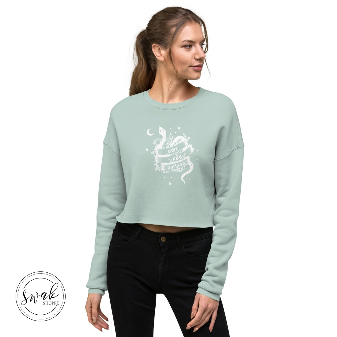 Owe You Nothing Did Something Bad Snake Tattoo White Logo Cropped Sweatshirt
