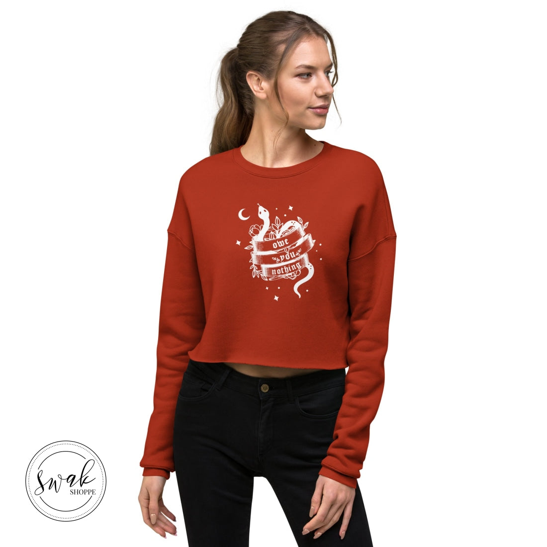 Owe You Nothing Did Something Bad Snake Tattoo White Logo Cropped Sweatshirt