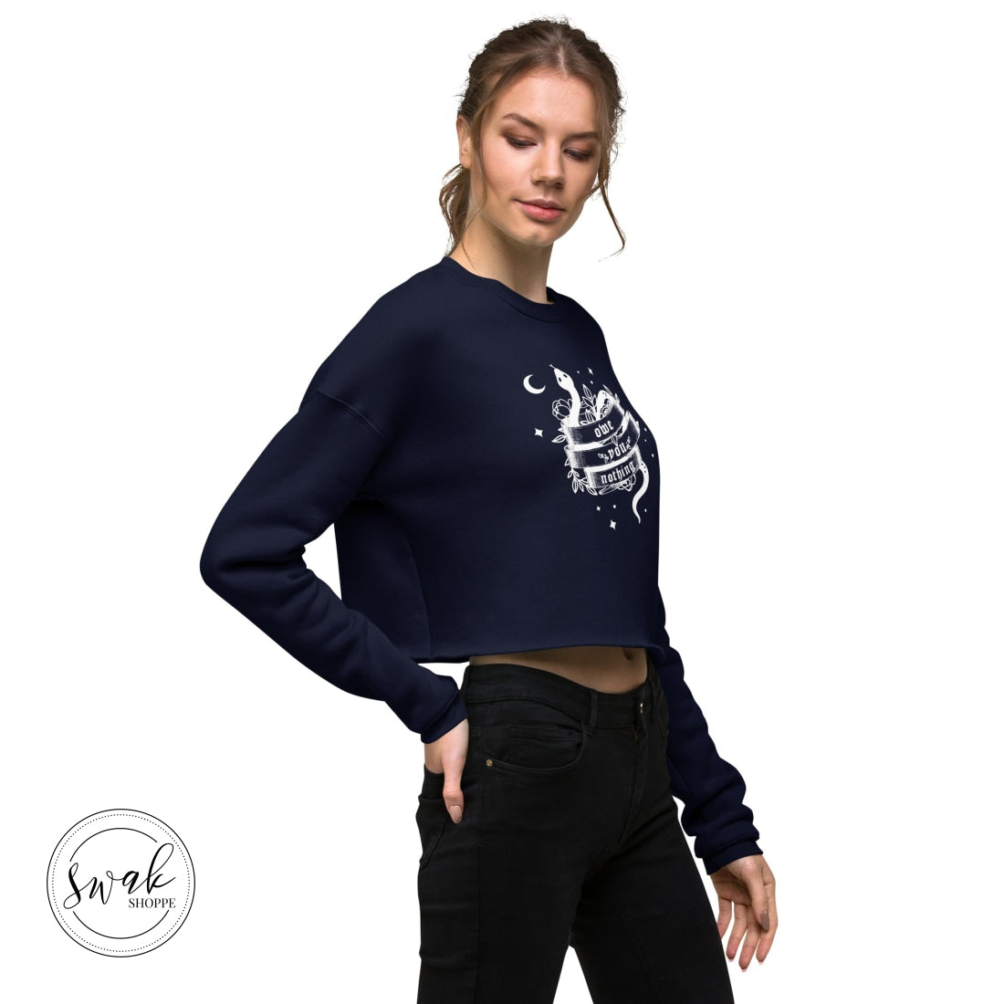 Owe You Nothing Did Something Bad Snake Tattoo White Logo Cropped Sweatshirt