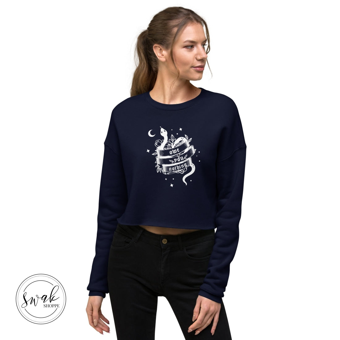 Owe You Nothing Did Something Bad Snake Tattoo White Logo Cropped Sweatshirt