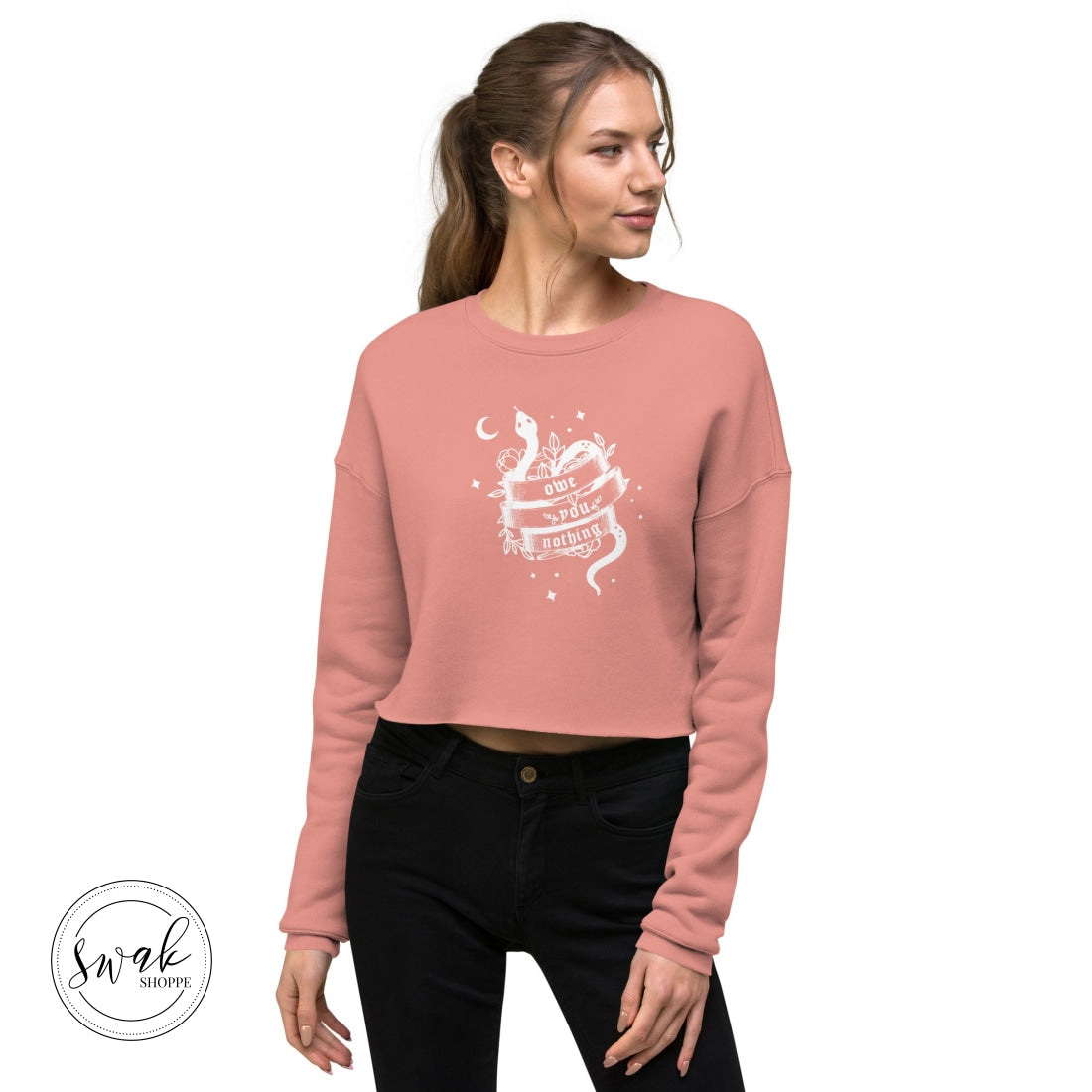 Owe You Nothing Did Something Bad Snake Tattoo White Logo Cropped Sweatshirt