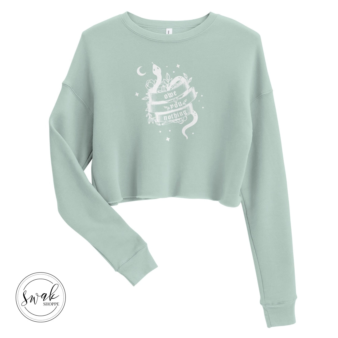 Owe You Nothing Did Something Bad Snake Tattoo White Logo Cropped Sweatshirt Dusty Blue / S