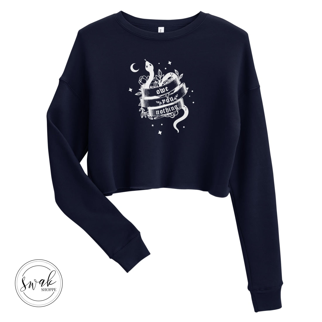 Owe You Nothing Did Something Bad Snake Tattoo White Logo Cropped Sweatshirt Navy / S