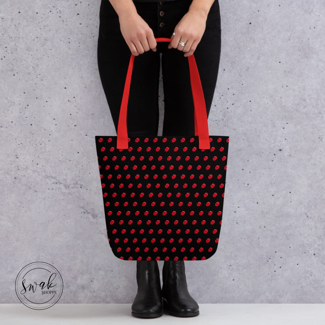 Swak Lips Illustration Pattern Black Tote Bag Red