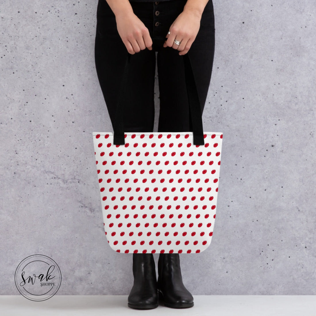 Swak Lips Illustration Pattern White Tote Bag Black