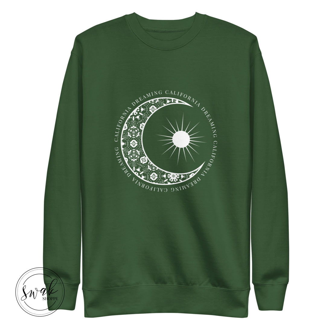 California Dreaming Boho Floral Moon & Sun White Logo Unisex Fashion Sweatshirt Forest Green / S