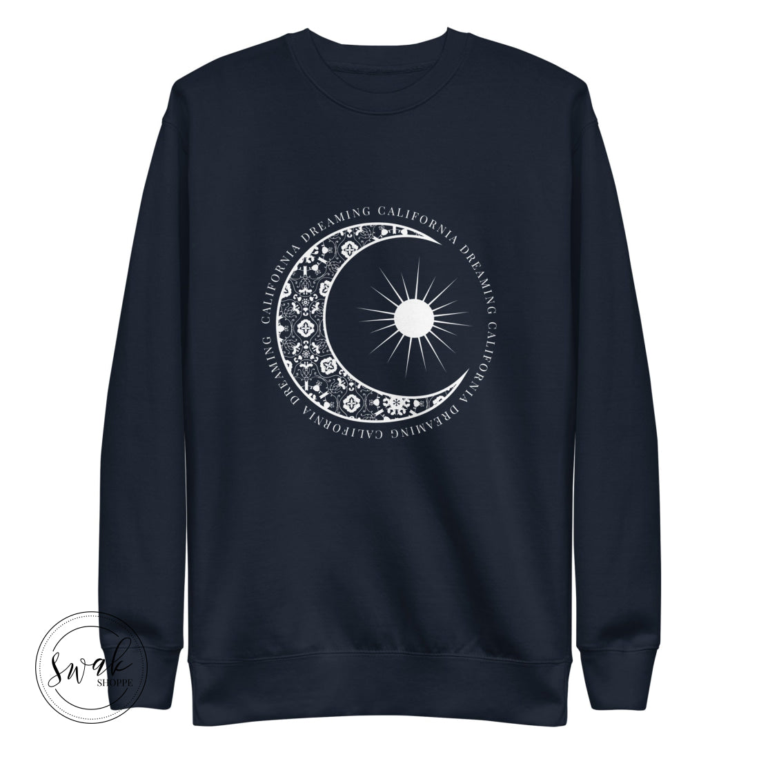 California Dreaming Boho Floral Moon & Sun White Logo Unisex Fashion Sweatshirt Navy Blazer / S