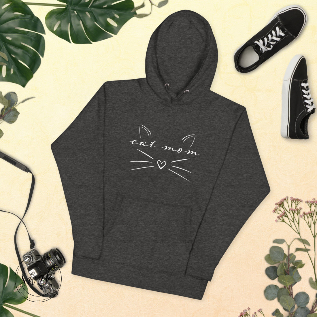 Cat Mom Sketch White Logo Unisex Hoodie Charcoal Heather / S