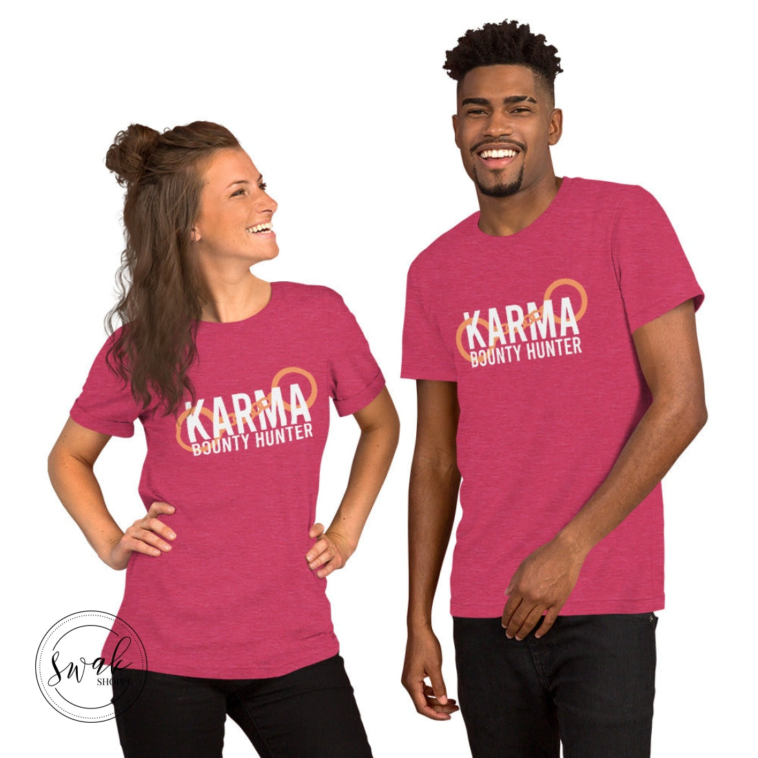 Karma Bounty Hunter White Logo Unisex T-Shirt Heather Raspberry / S