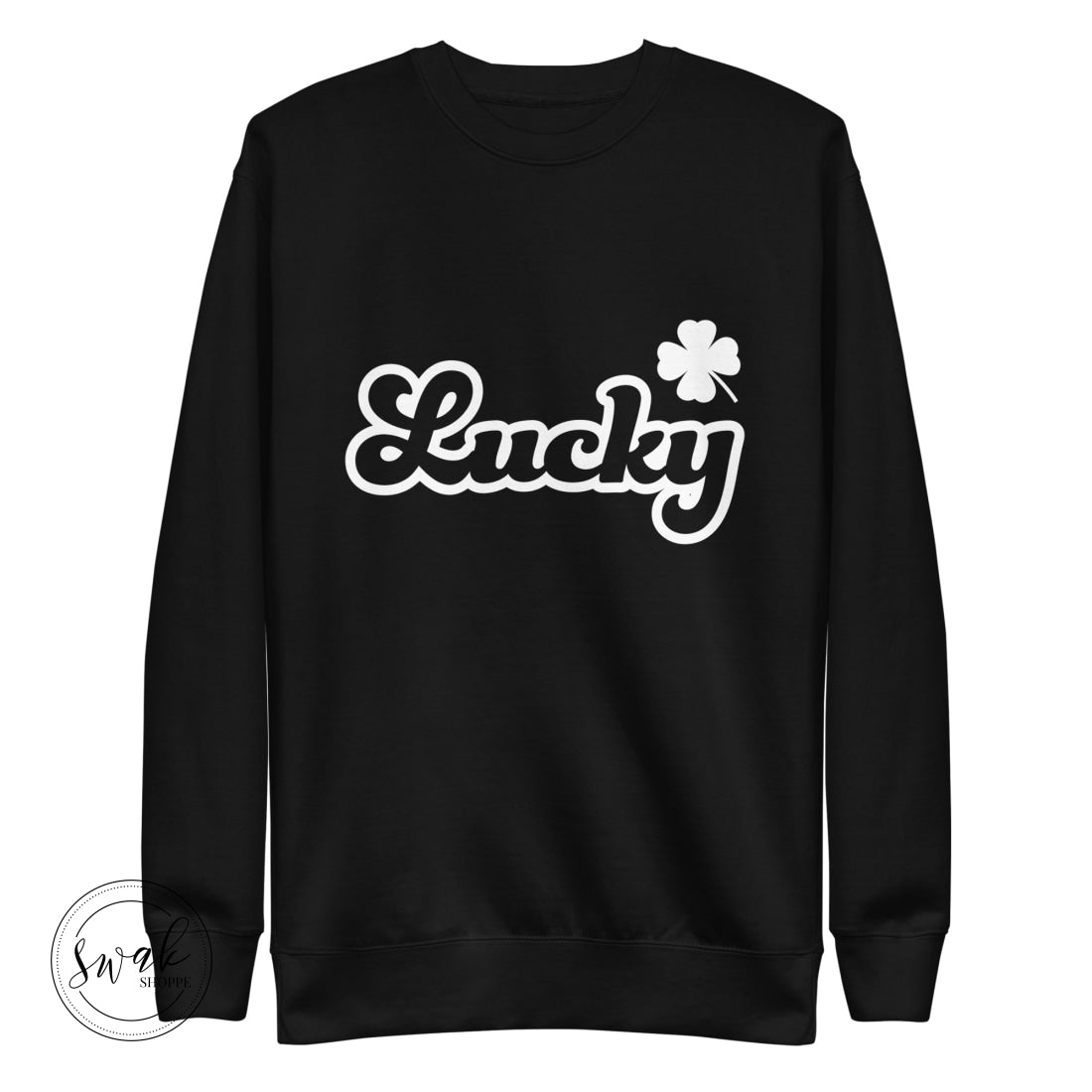 Lucky Shamrock Retro Text White Logo Unisex Fashion Sweatshirt Black / S