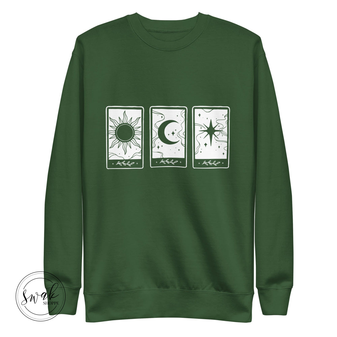 Sun Moon & Stars Triple Tarot White Logo Unisex Fashion Sweatshirt Forest Green / S