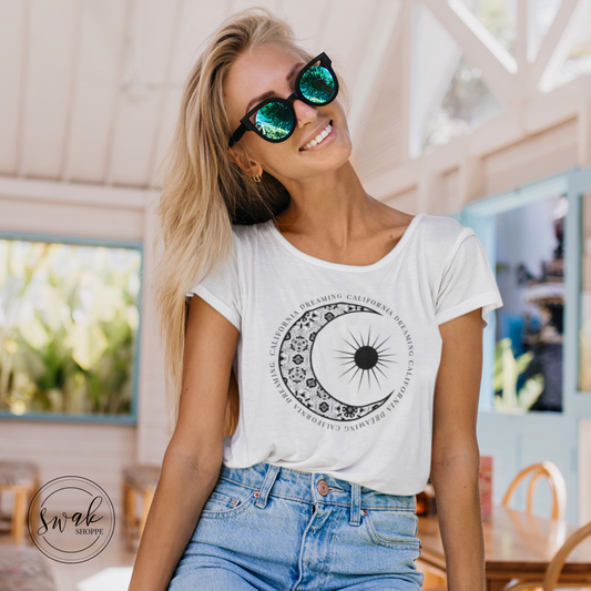 California Dreaming Boho Floral Moon & Sun Womens T-Shirt