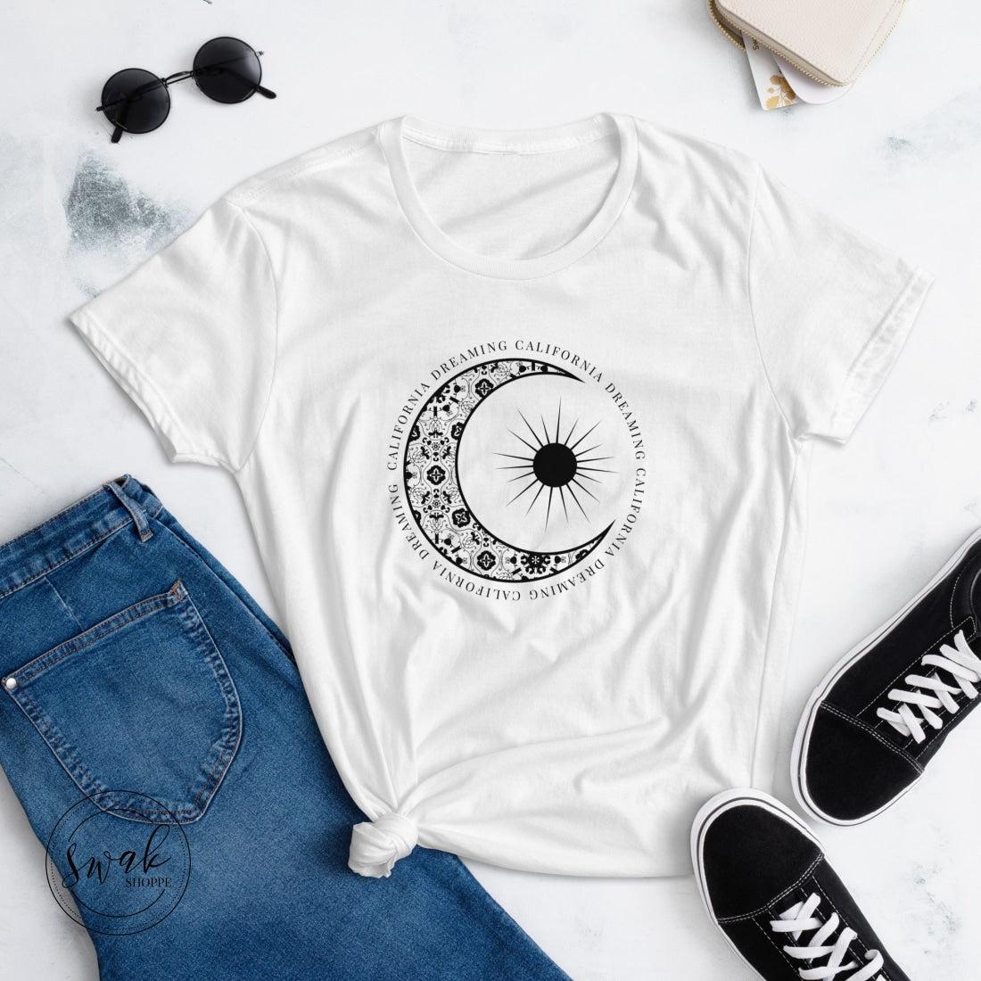 California Dreaming Boho Floral Moon & Sun Short Sleeve Womens T-Shirt White / S