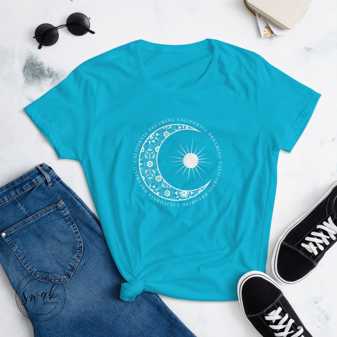 California Dreaming Boho Floral Moon & Sun White Logo Short Sleeve Womens T-Shirt Caribbean Blue / S
