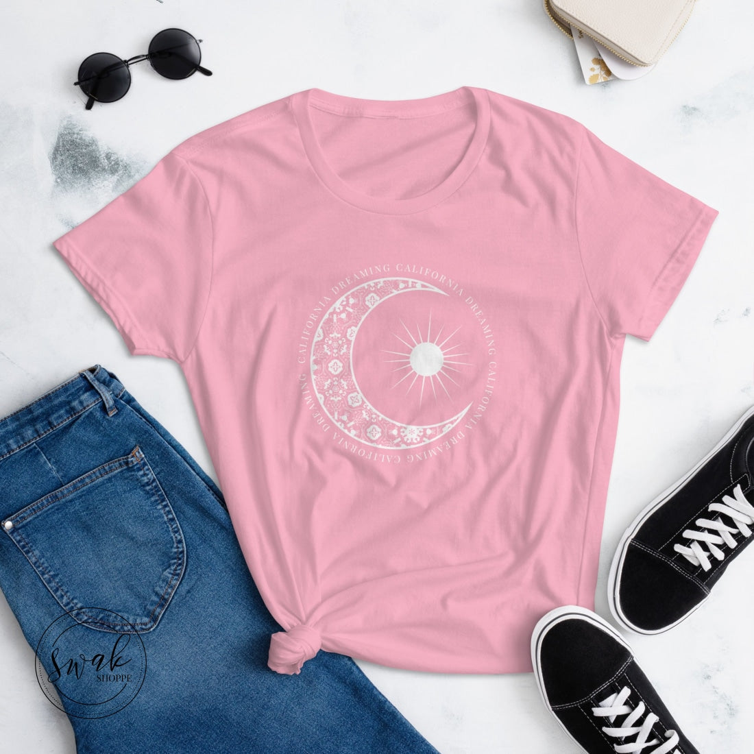 California Dreaming Boho Floral Moon & Sun White Logo Short Sleeve Womens T-Shirt Charity Pink / S
