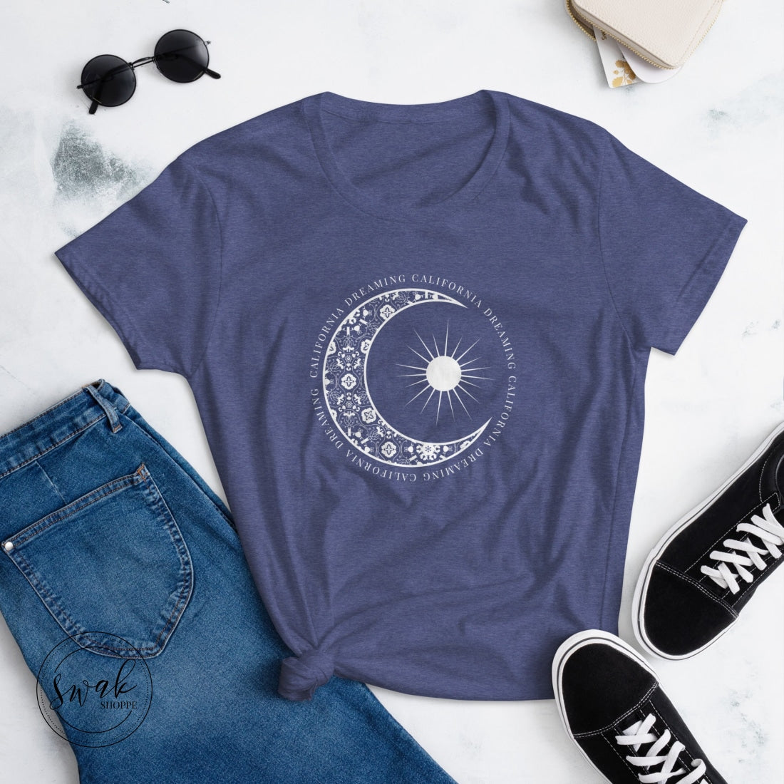 California Dreaming Boho Floral Moon & Sun White Logo Short Sleeve Womens T-Shirt Heather Blue / S