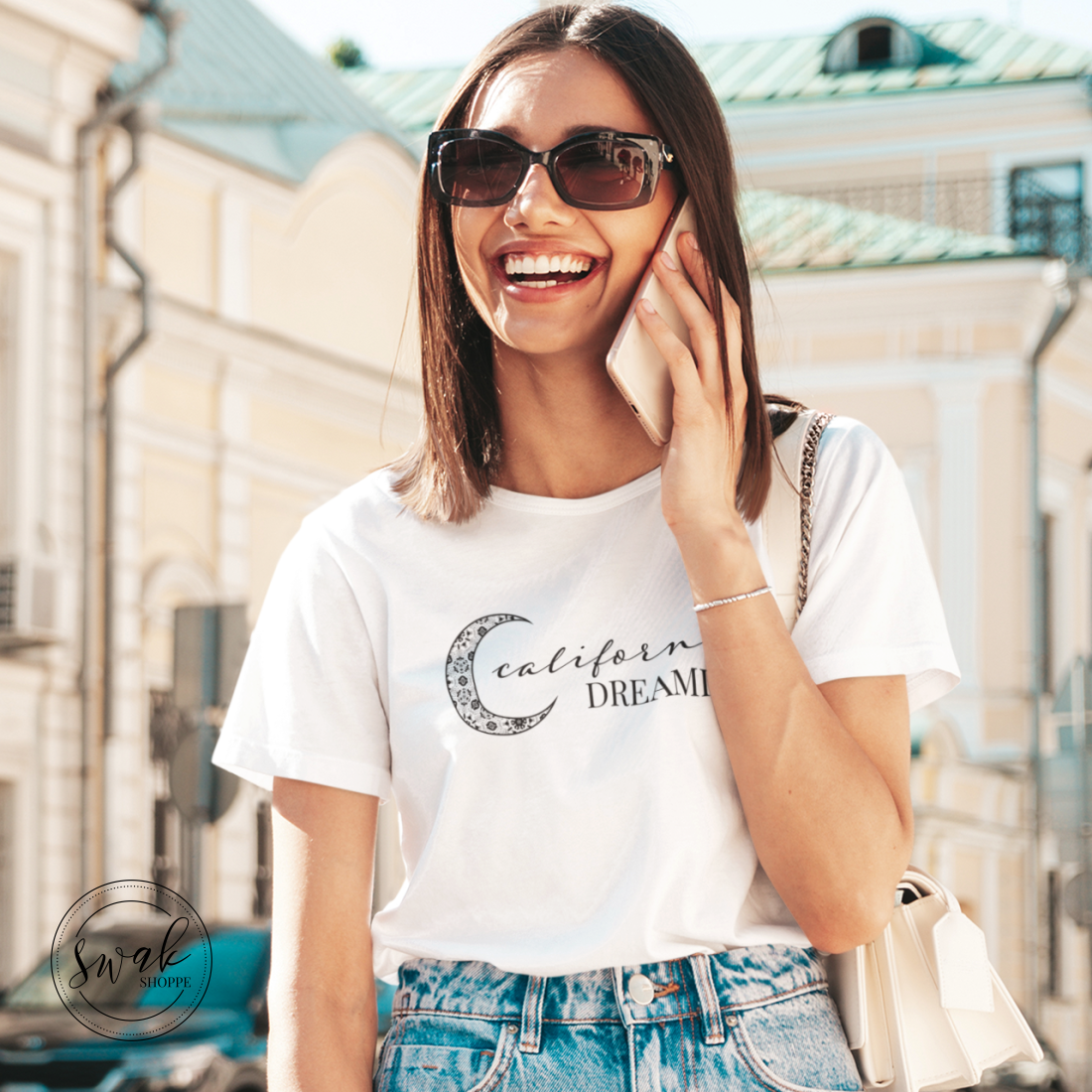 California Dreaming Boho Moon Text Womens T-Shirt