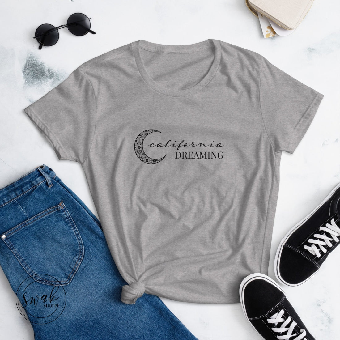 California Dreaming Boho Moon Text Short Sleeve Womens T-Shirt Heather Grey / S