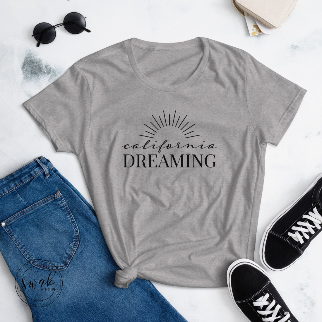 California Dreaming Half Sun Short Sleeve Womens T-Shirt Heather Grey / S