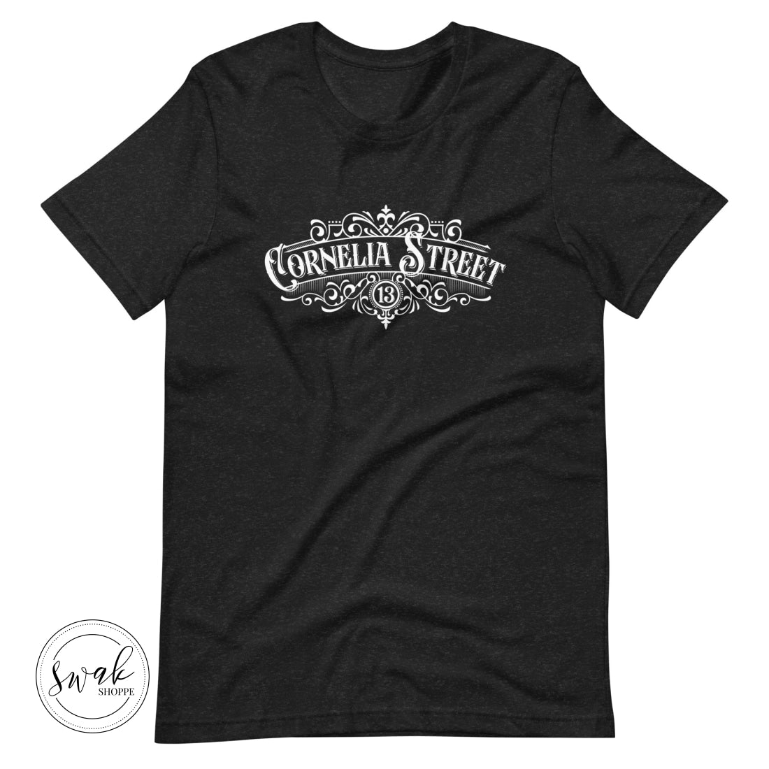 Cornelia Street Olde Shoppe Sign White Logo Unisex T-Shirt Black Heather / Xs