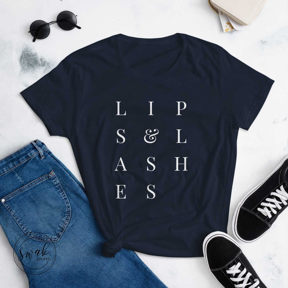 Lips & Lashes Mua White Text Short Sleeve Womens T-Shirt Navy / S