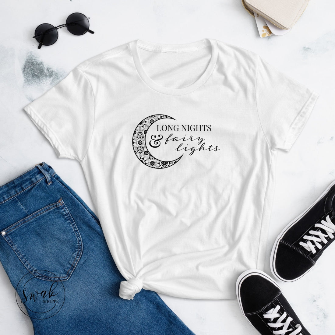 Long Nights & Fairy Lights Floral Moon Logo Short Sleeve Womens T-Shirt White / S