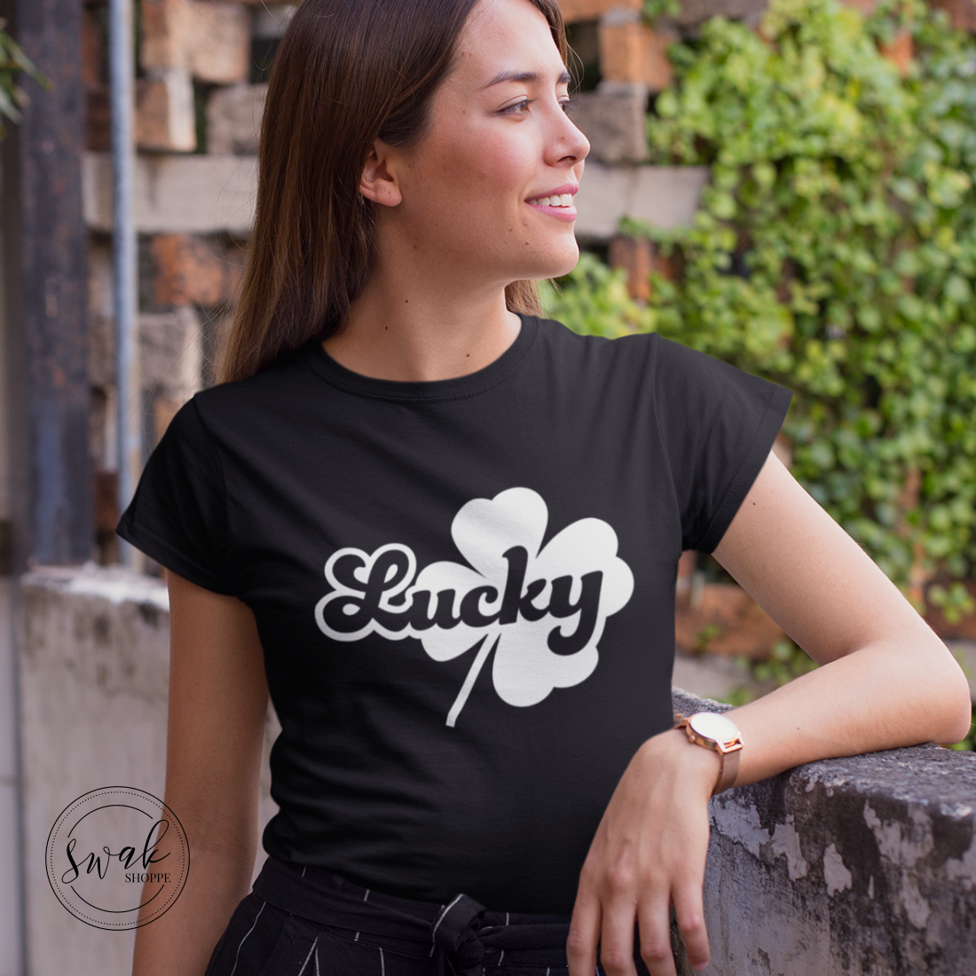 Lucky Clover Retro Text White Logo Short Sleeved Womens T-Shirt