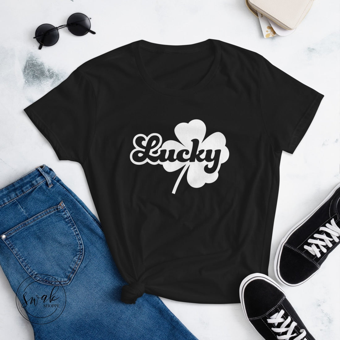 Lucky Clover Retro Text White Logo Short Sleeved Womens T-Shirt Black / S