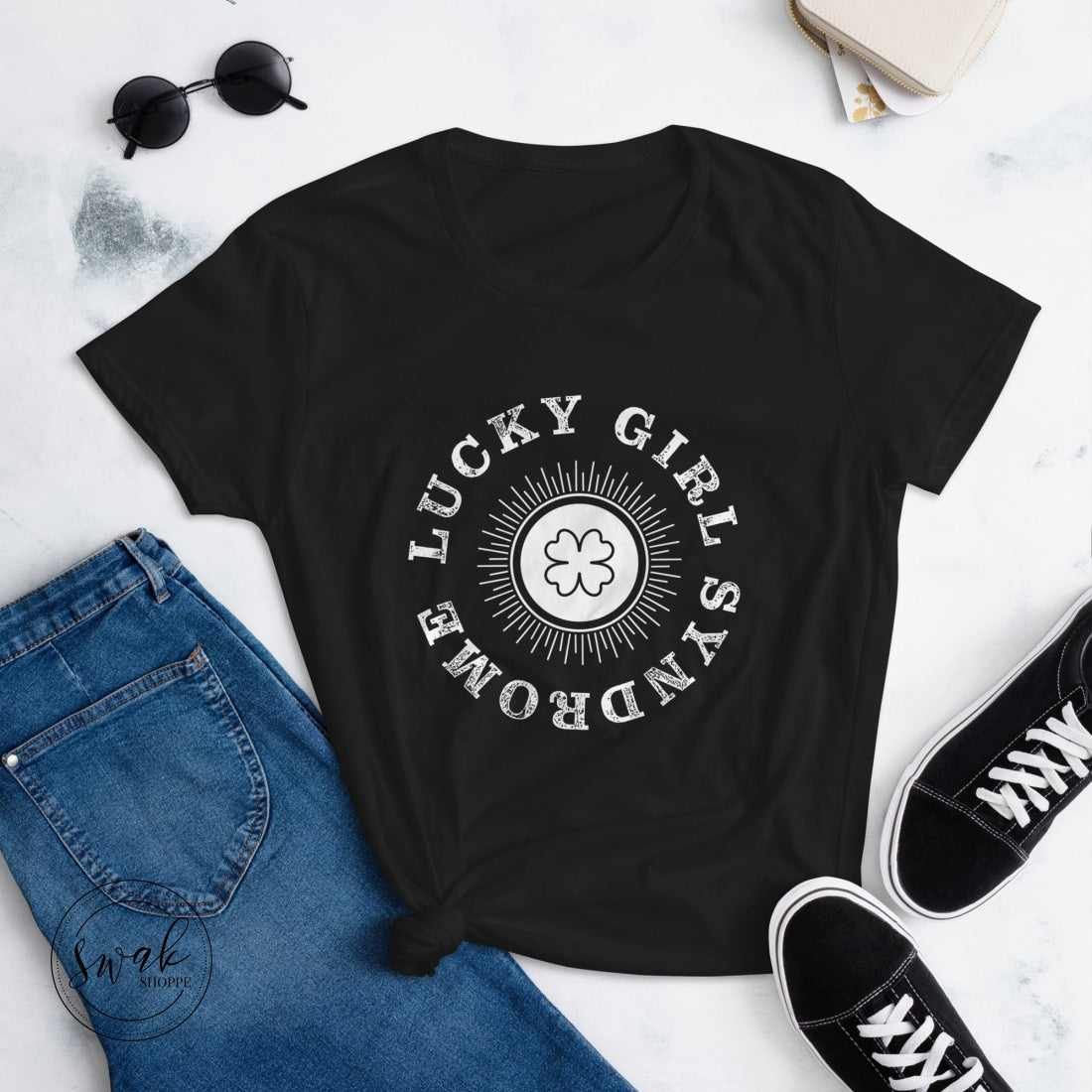 Lucky Girl Syndrome Saloon White Logo Short Sleeved Womens T-Shirt Black / S