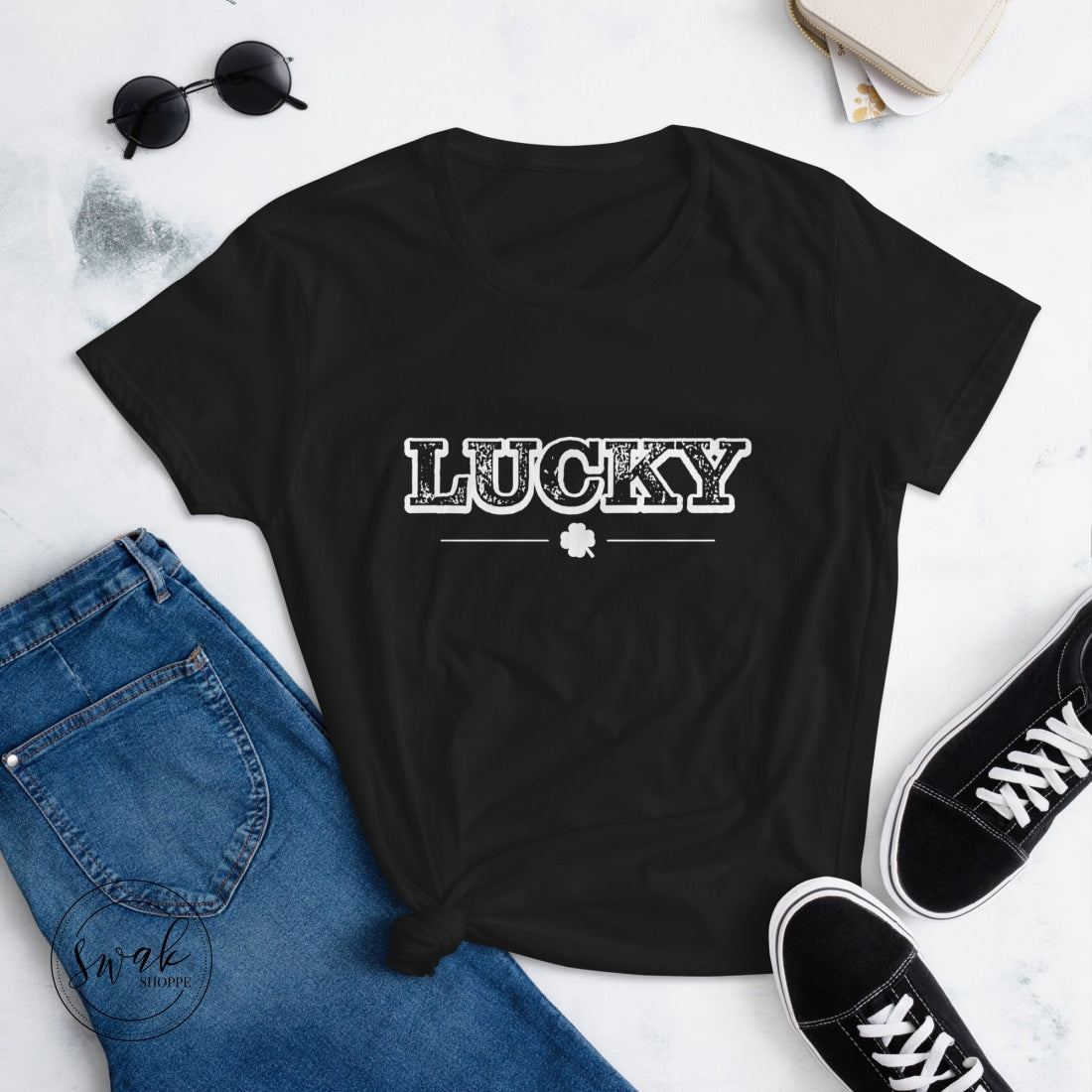 Lucky Shamrock Saloon White Logo Short Sleeved Womens T-Shirt Black / S