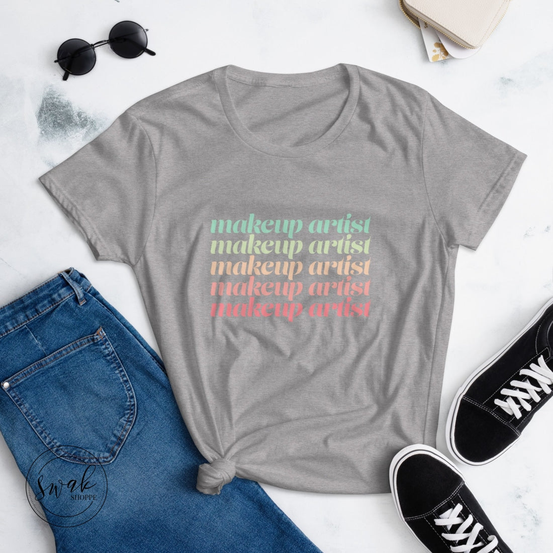 Makeup Artist Mua Pastel Rainbow Deco Text Womens Short Sleeve T-Shirt Heather Grey / S