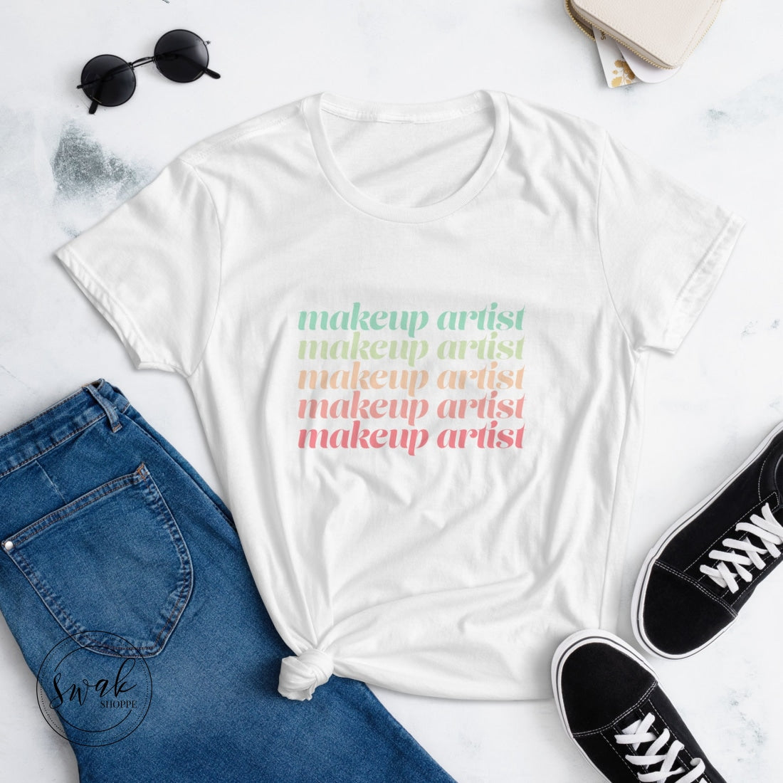 Makeup Artist Mua Pastel Rainbow Deco Text Womens Short Sleeve T-Shirt White / S