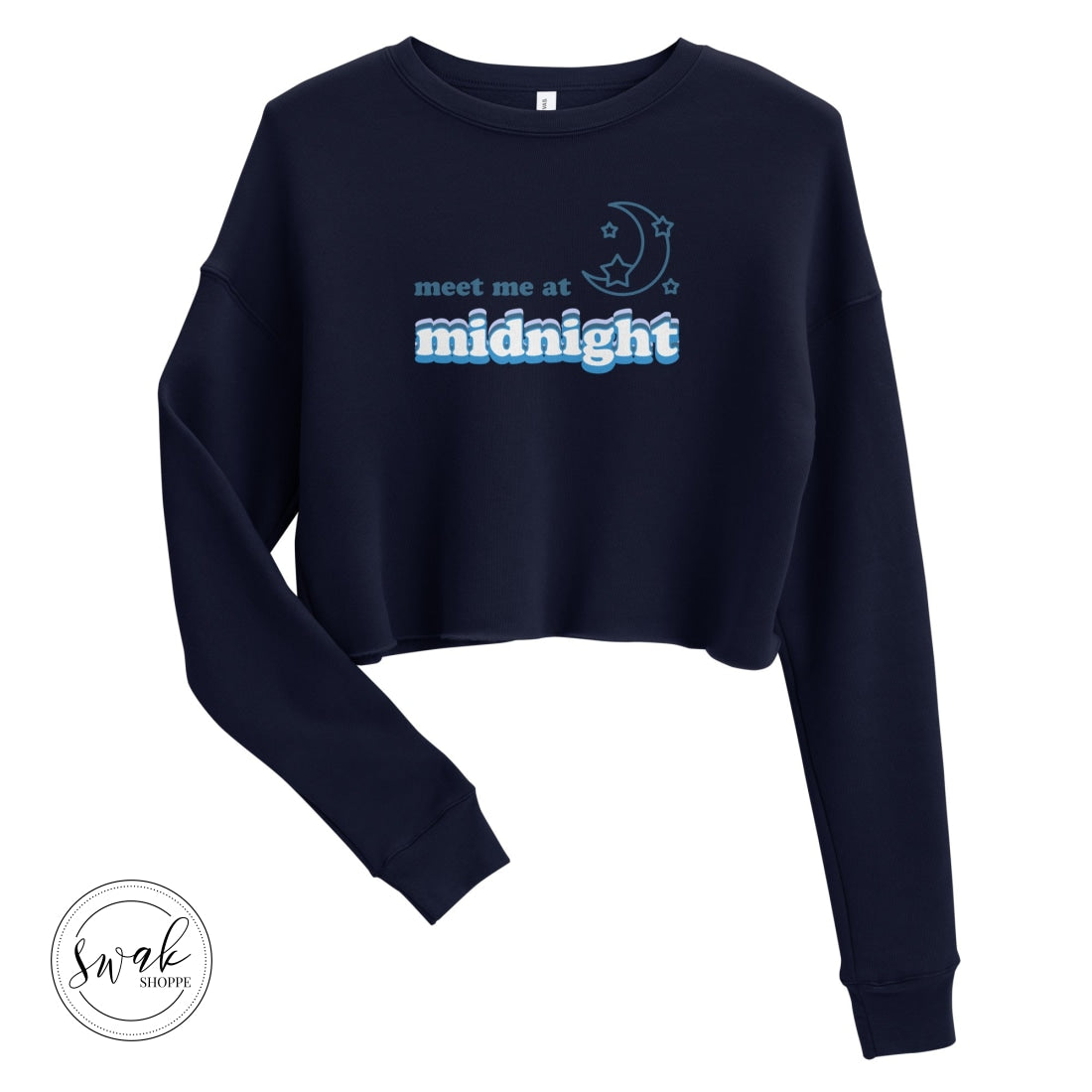 Meet Me At Midnight Retro Text Swiftie Cropped Sweatshirt Navy / S