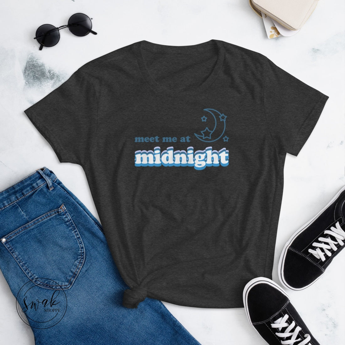 Meet Me At Midnight Retro Text Swiftie Short Sleeve Womens T-Shirt Heather Dark Grey / S