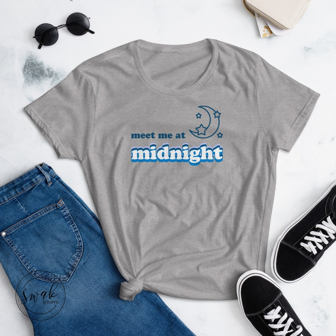 Meet Me At Midnight Retro Text Swiftie Short Sleeve Womens T-Shirt Heather Grey / S