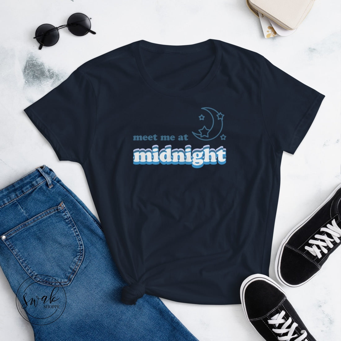 Meet Me At Midnight Retro Text Swiftie Short Sleeve Womens T-Shirt Navy / S