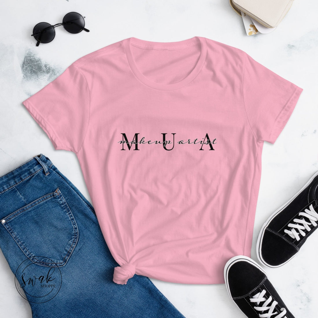 Mua Makeup Artist Block & Script Logo Womens Short Sleeve T-Shirt Charity Pink / S