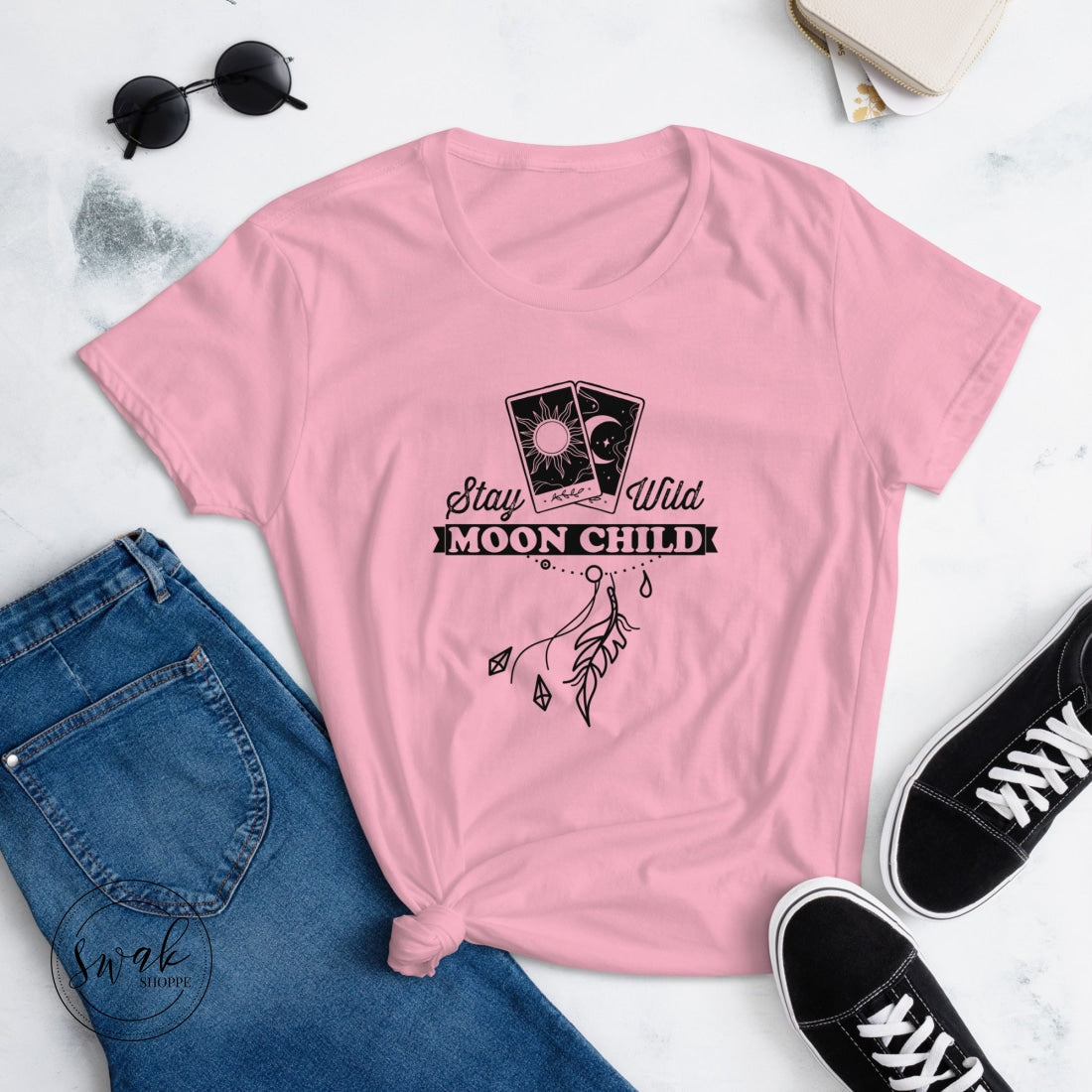 Stay Wild Moon Child Tarot Charm Short Sleeve Womens T-Shirt Charity Pink / S