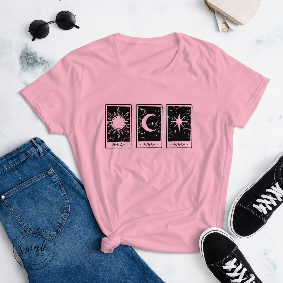 Sun Moon & Stars Triple Tarot Short Sleeve Womens T-Shirt Charity Pink / S