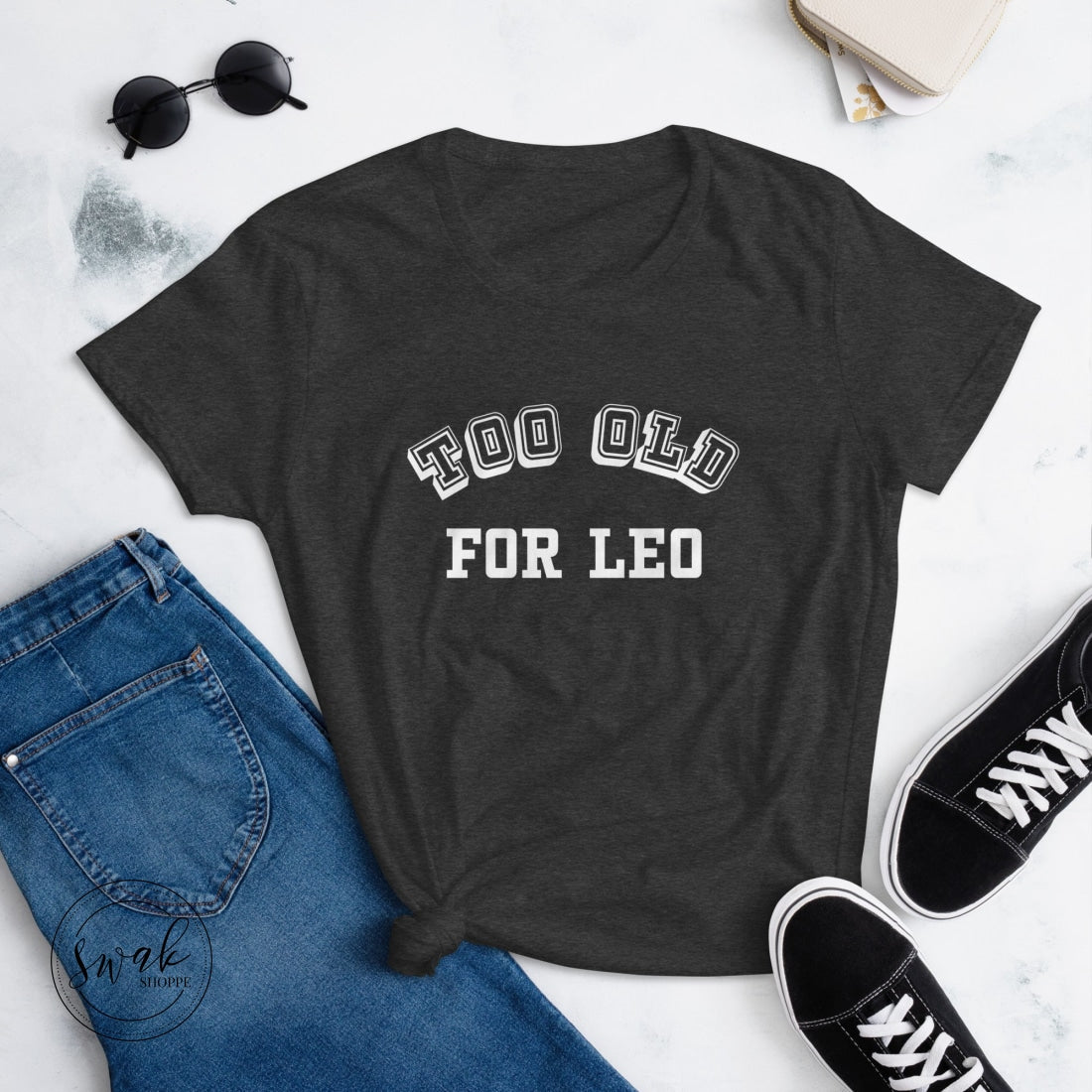 Too Old For Leo Collegiate White Logo Womens Short Sleeve T-Shirt Heather Dark Grey / S